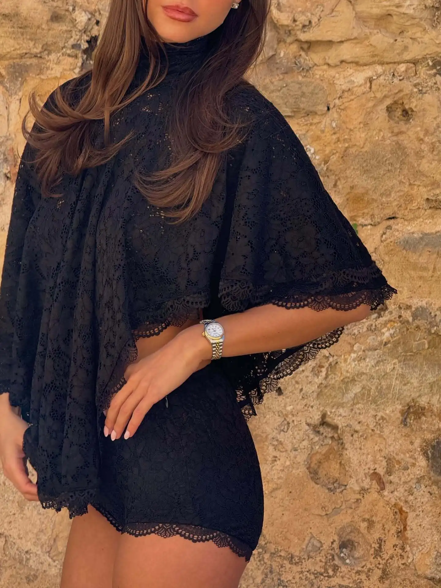 Sexy Lace High Neck Cape Top And Shorts Set Lace Up Cut Out Sleeveless Blouses Tight Fitting Shorts Suit Summer Vacation Outfit thumbnail 2