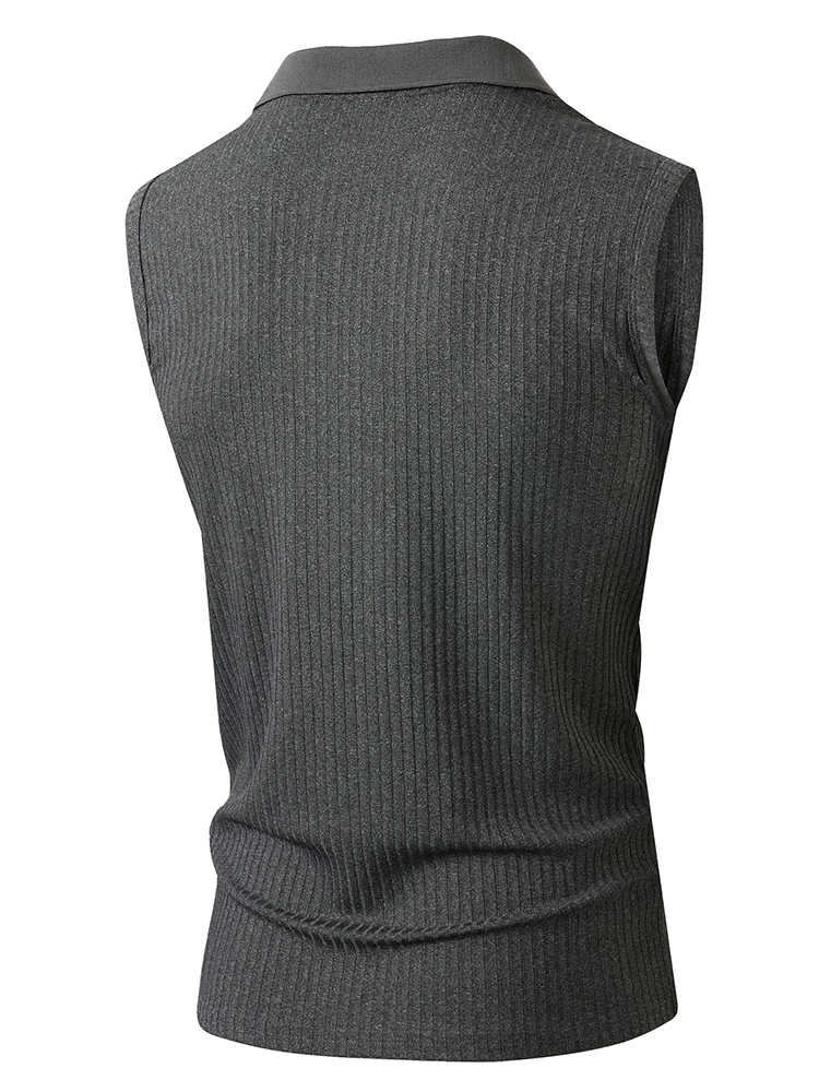 Fashionable Mens Turn-down Collar Vest Shirts Men Sleeveless Solid Color Ribbed Tank Tops Mens Spring Summer Casual Camisoles thumbnail 4
