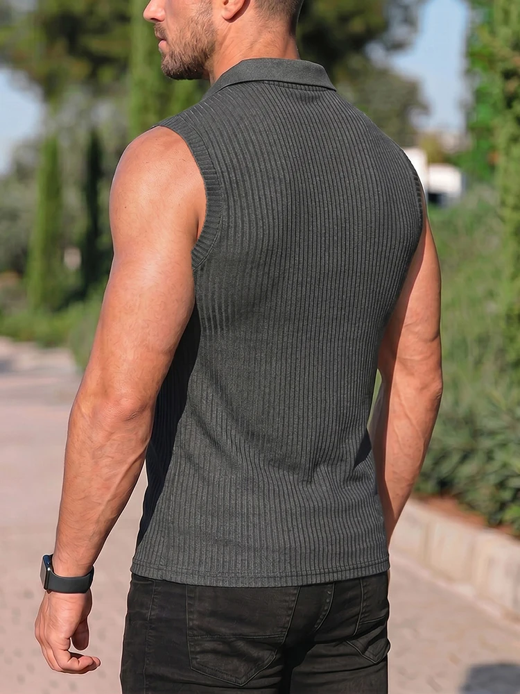 Fashionable Mens Turn-down Collar Vest Shirts Men Sleeveless Solid Color Ribbed Tank Tops Mens Spring Summer Casual Camisoles thumbnail 2