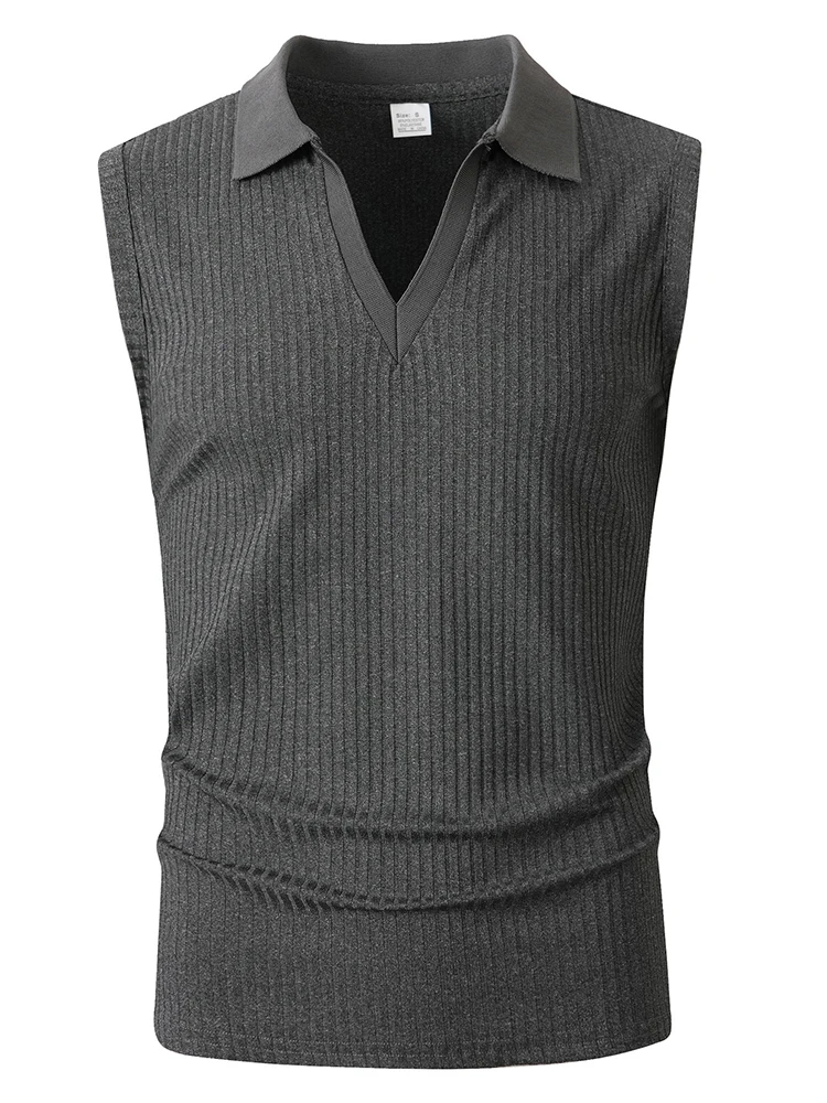 Fashionable Mens Turn-down Collar Vest Shirts Men Sleeveless Solid Color Ribbed Tank Tops Mens Spring Summer Casual Camisoles thumbnail 3