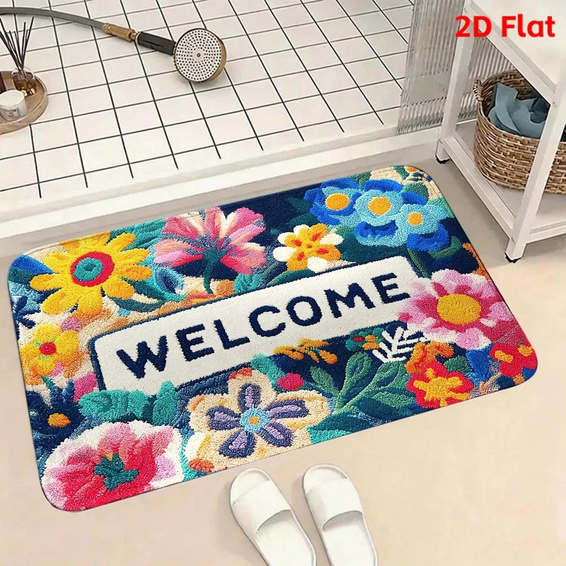 VIKAMA Colorful Floral “Welcome” Doormat: Noise-Reducing, Non-Slip Kitchen Mat, Entryway Rug, Home Accent Carpet