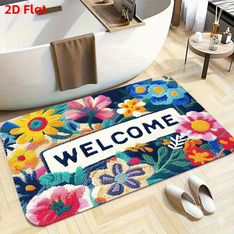 VIKAMA Colorful Floral “Welcome” Doormat: Noise-Reducing, Non-Slip Kitchen Mat, Entryway Rug, Home Accent Carpet thumbnail 2