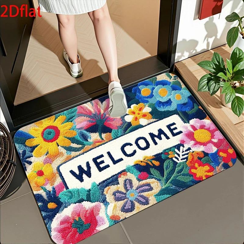 VIKAMA Colorful Floral “Welcome” Doormat: Noise-Reducing, Non-Slip Kitchen Mat, Entryway Rug, Home Accent Carpet thumbnail 3