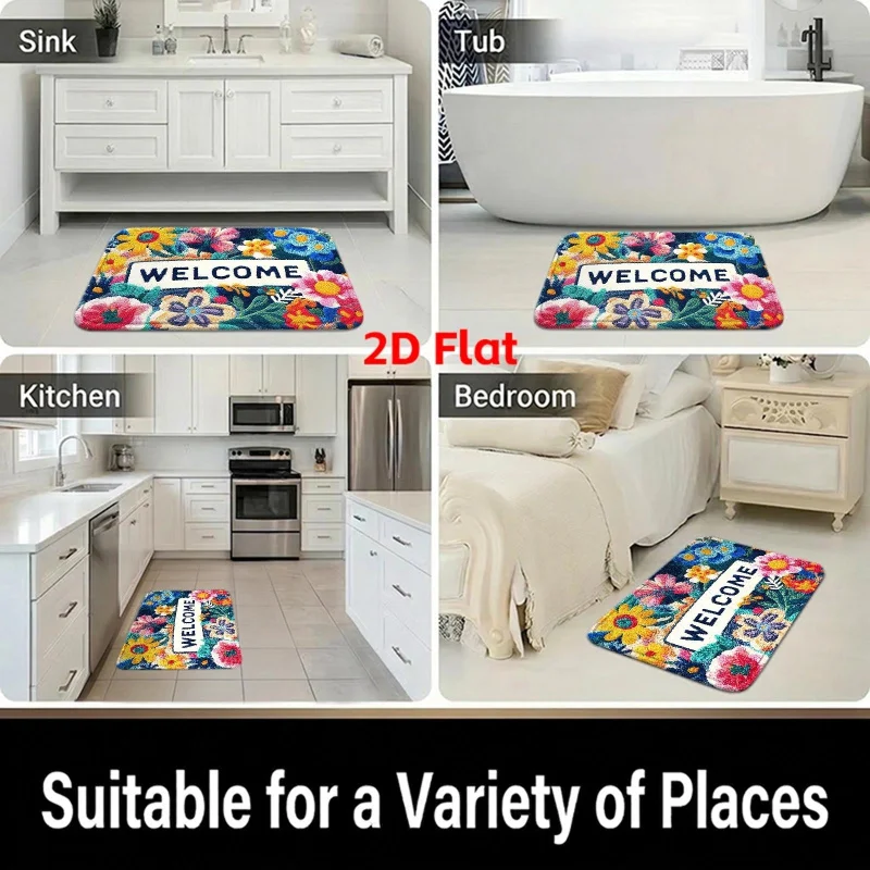 VIKAMA Colorful Floral “Welcome” Doormat: Noise-Reducing, Non-Slip Kitchen Mat, Entryway Rug, Home Accent Carpet thumbnail 4
