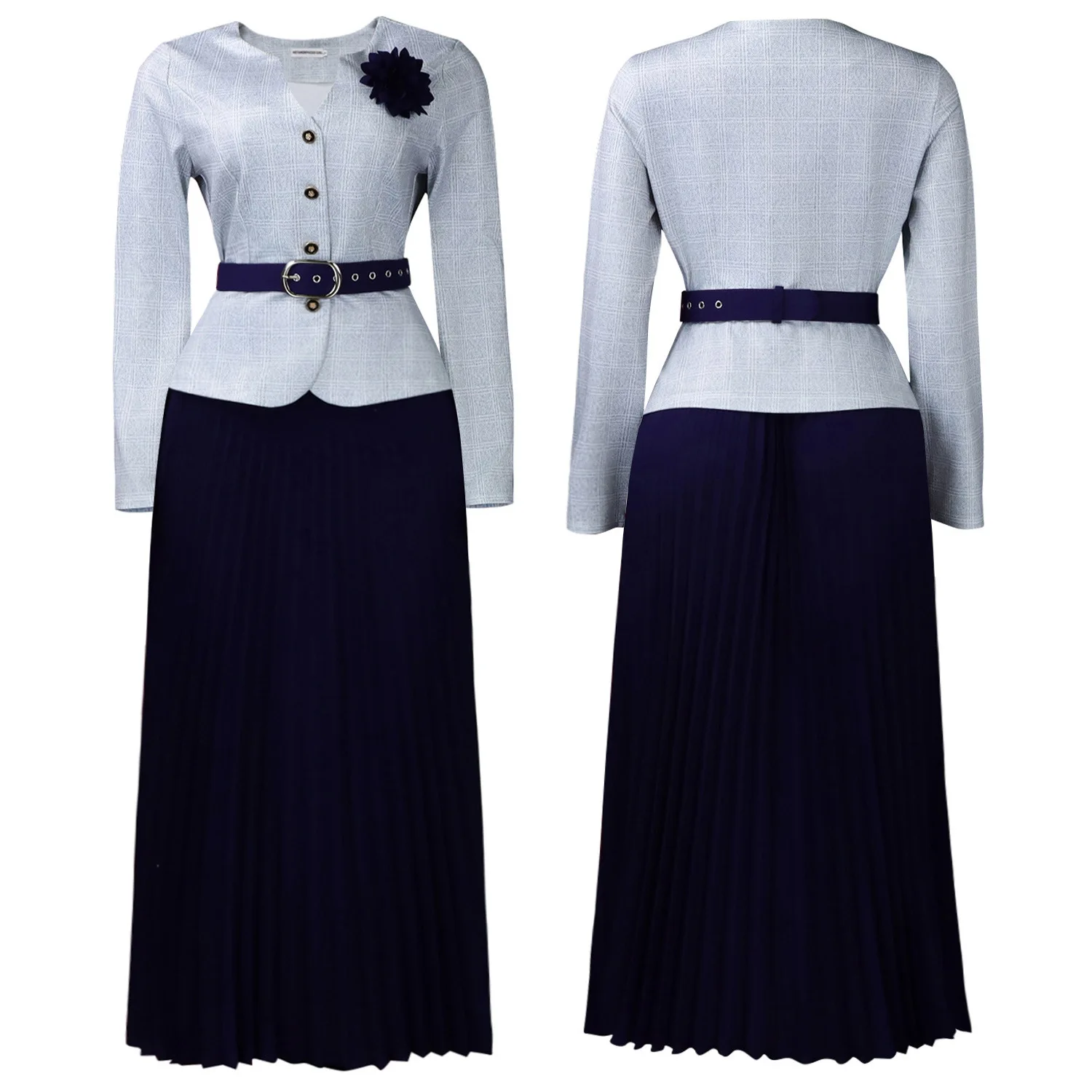 Women's Plaid Print Blazer Solid Color Skirt Two Piece Set Long Sleeve Buttons Coat With Belt Elegant Formal Office Lady Outfit thumbnail 4