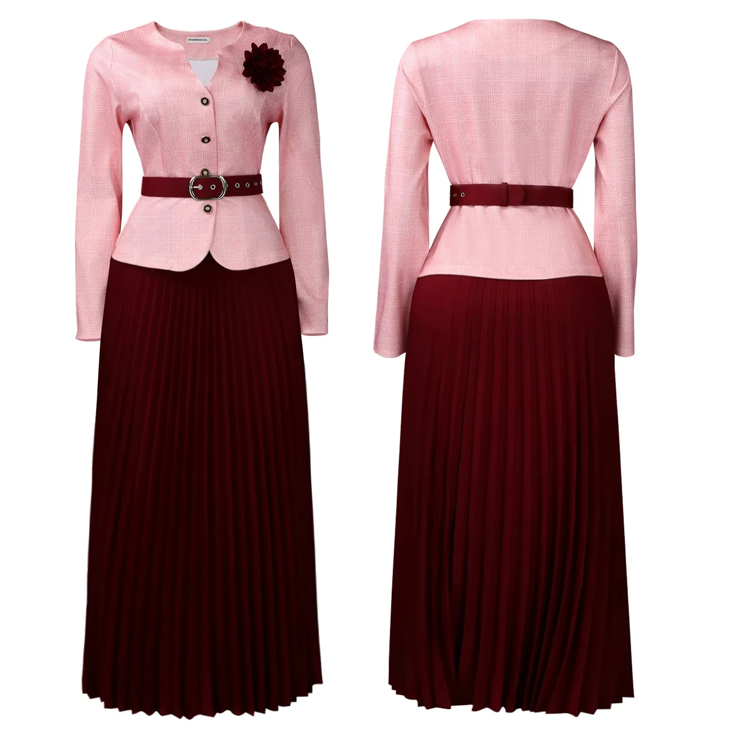 Women's Plaid Print Blazer Solid Color Skirt Two Piece Set Long Sleeve Buttons Coat With Belt Elegant Formal Office Lady Outfit thumbnail 5