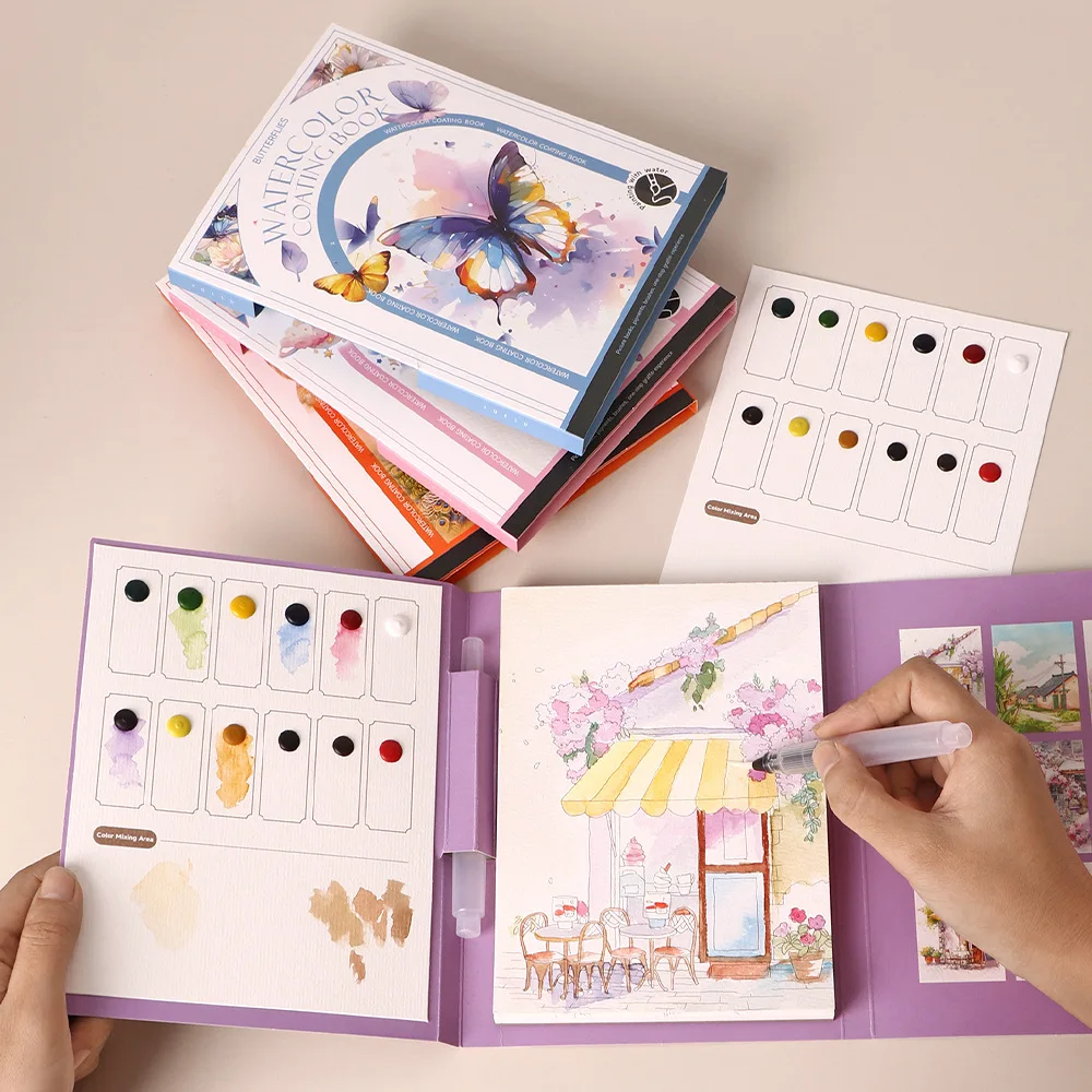 Travel Watercolor Painting Set with Tri-Fold Book, Built-in 12 Colors & Stress Relief Note Paper for DIY Art Therapy