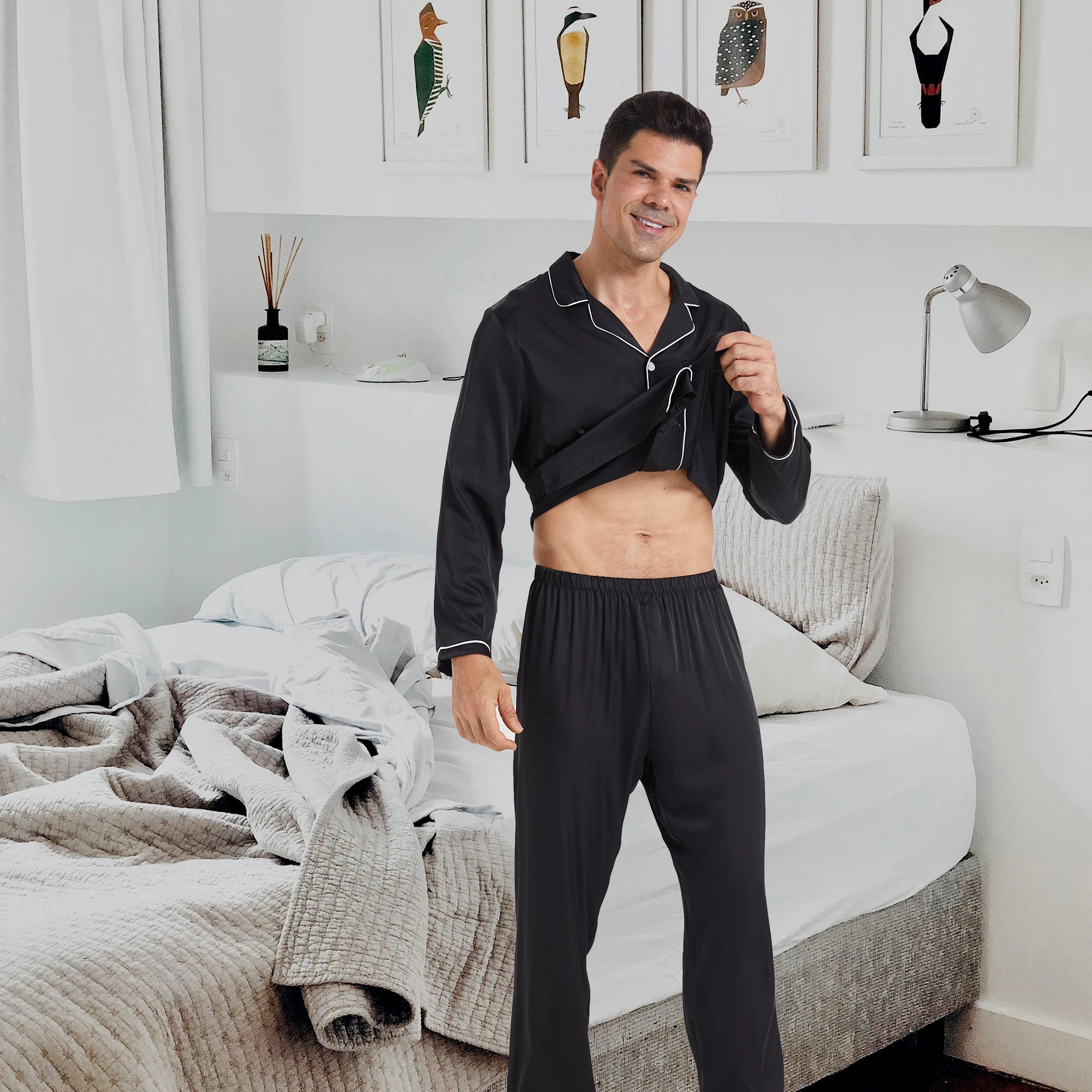 Mens Satin Pajamas Set Silk Satin Pajamas for Men Long Sleeve Loungewear Two-Piece Sleepwear Button Down Pj Set thumbnail 5