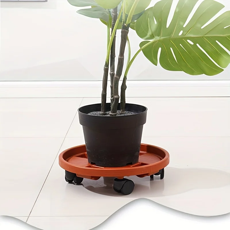 1Pc Heavy-Duty Rolling Plant Stands with Removable Brick Red Resin Trays | Circular Plastic Indoor/Outdoor Planters thumbnail 6