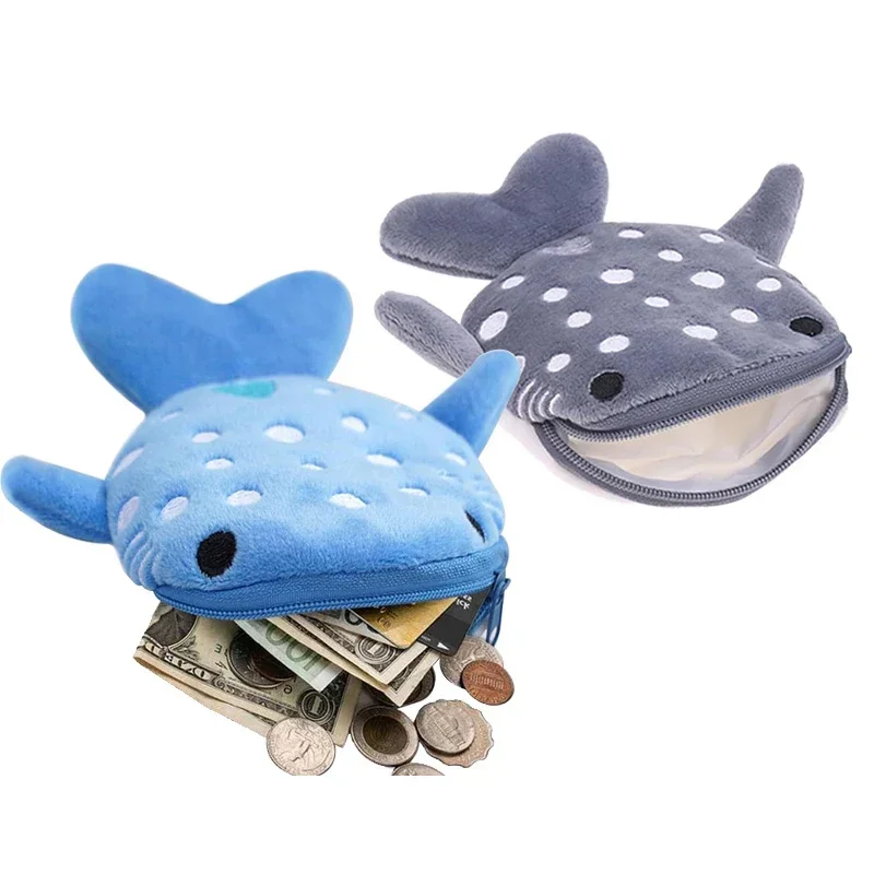 Plush Grey Small Whales Coin Purse Cute Zipper Women's Coin Wallet Shark Shape Girls Earphone Money Storage Bag Key Bag Purse thumbnail 2
