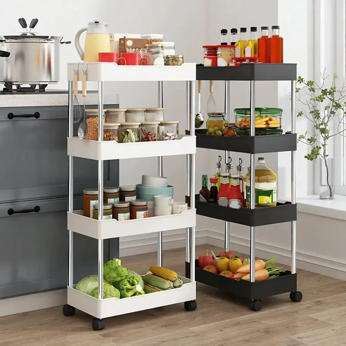 3/4 Tier Movable Gap Storage Rack Rolling Utility Cart Storage Shelf Kitchen Bathroom Slim Slide Organizer Shelf Livingroom thumbnail 3