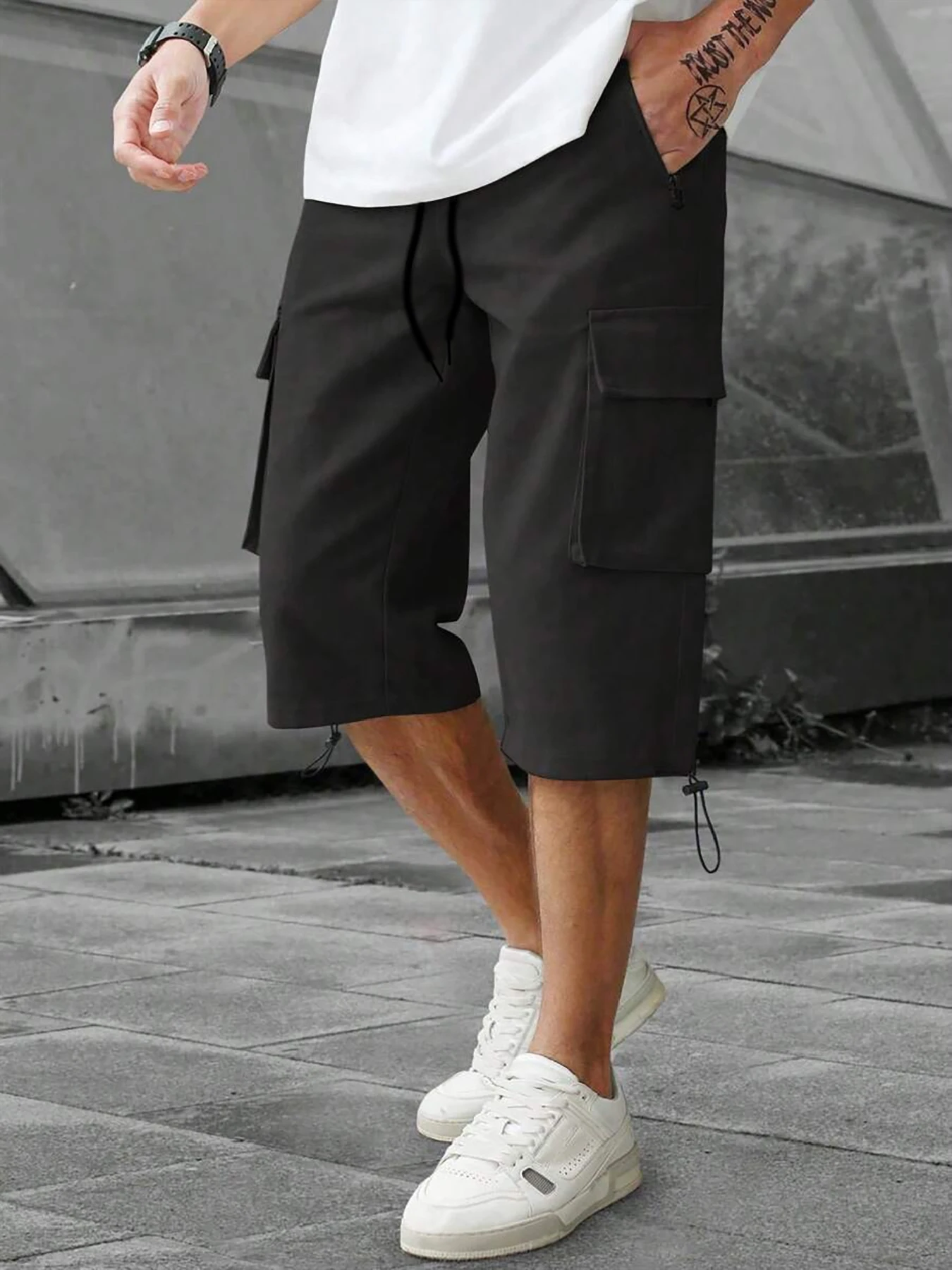 Men's 3/4-Length Cargo Shorts — Woven Twill Fabric, Multi-Pocket Casual Trousers. Non-Stretch Adult Apparel for Summer thumbnail 2