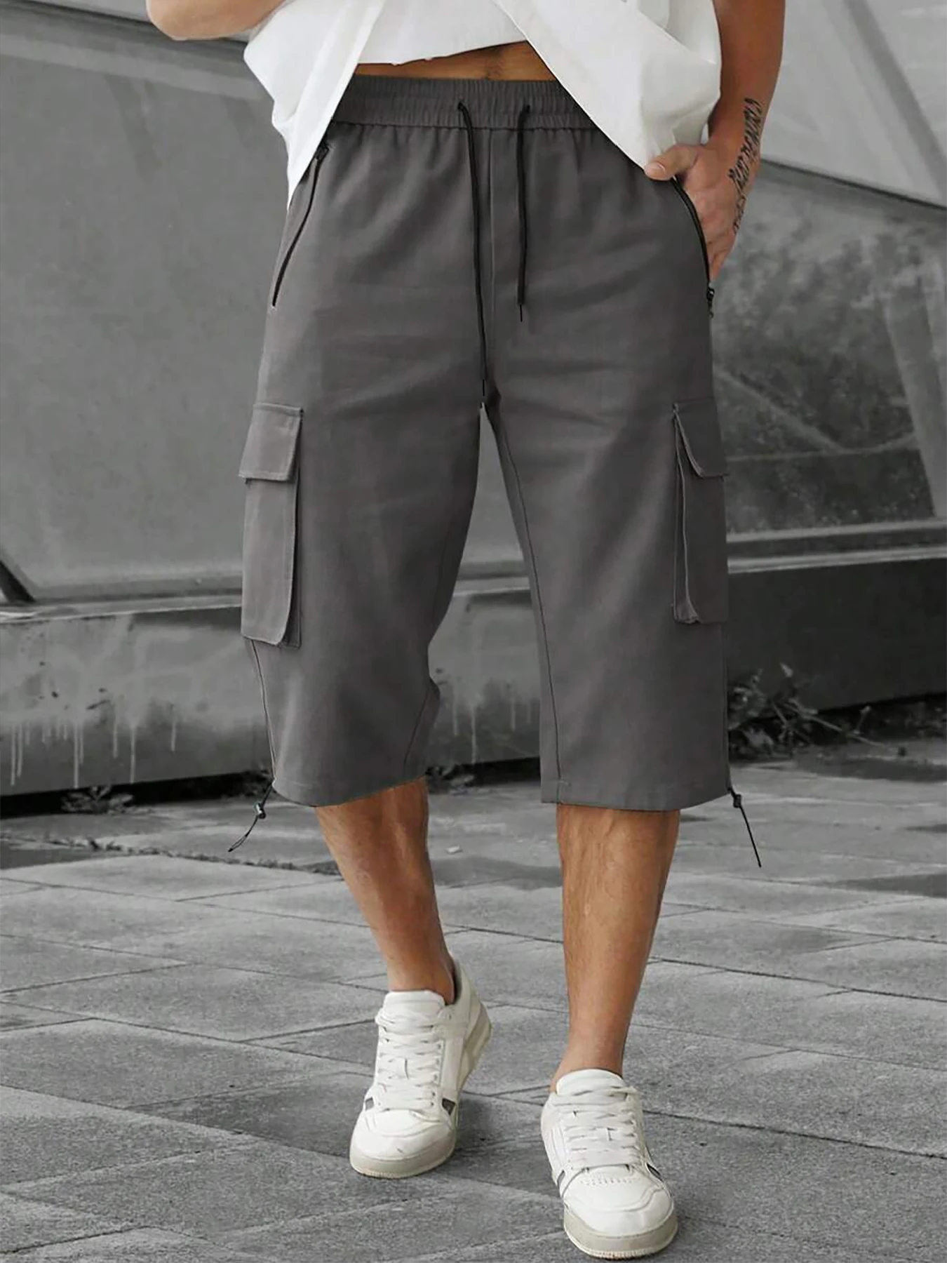 Men's 3/4-Length Cargo Shorts — Woven Twill Fabric, Multi-Pocket Casual Trousers. Non-Stretch Adult Apparel for Summer thumbnail 4
