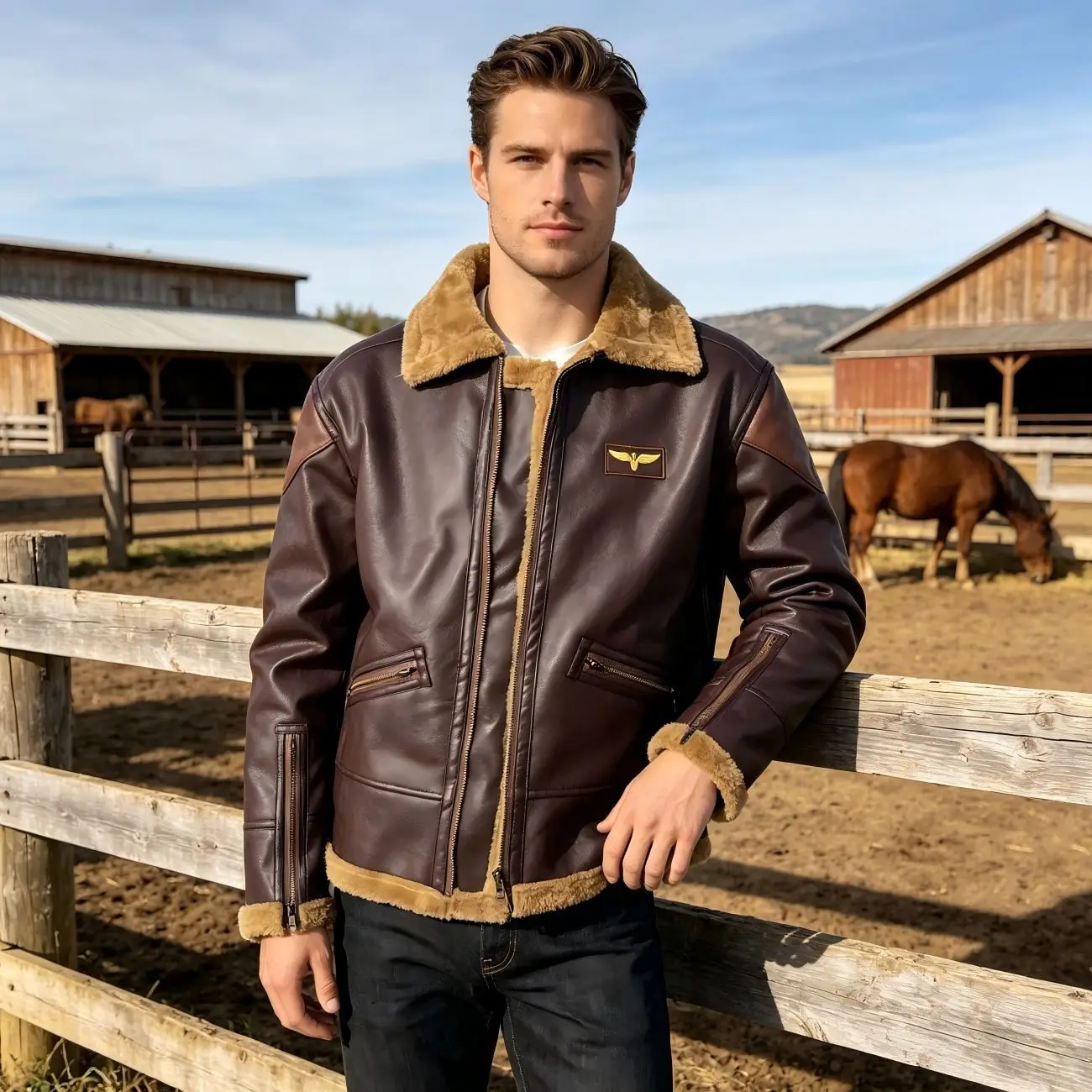 Mens Faux Leather Jacket Fleece Lined Plus Velvet Thick Coldproof Winter Outwear Brown Plush Collar Lapel Pockets Retro Stylish thumbnail 4