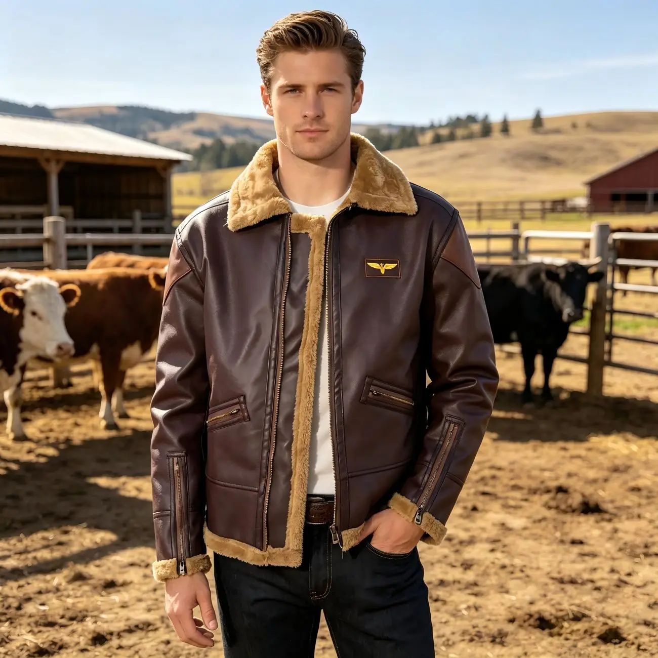 Mens Faux Leather Jacket Fleece Lined Plus Velvet Thick Coldproof Winter Outwear Brown Plush Collar Lapel Pockets Retro Stylish thumbnail 3
