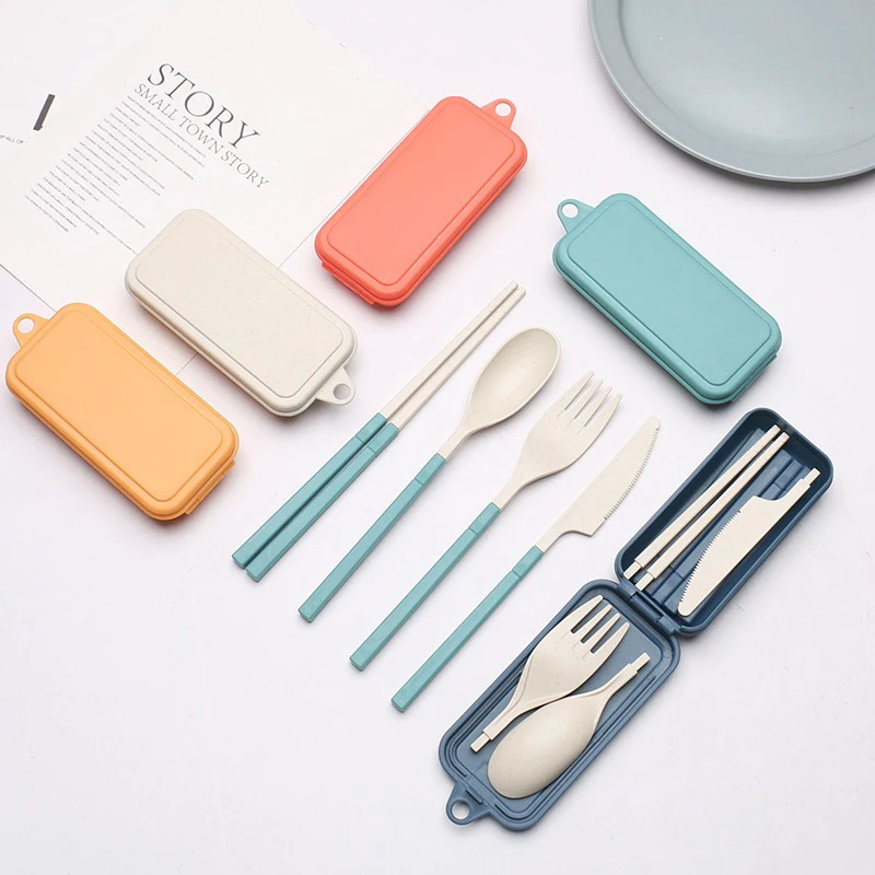 4Pcs Portable Plastic Cutlery Wheat Straw Dinnerware Set Detachable Outdoor Camping Cutlery Set Lunch Box Cutlery Set DCS004