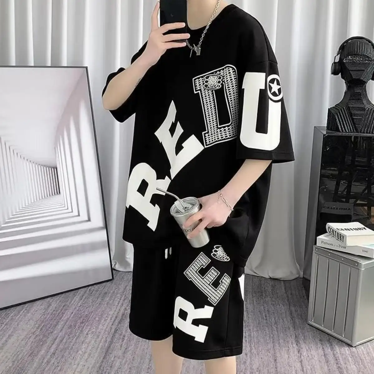 American men's summer fashion letter print comfortable breathable round neck T-shirt drawstring shorts set outdoor casual wear