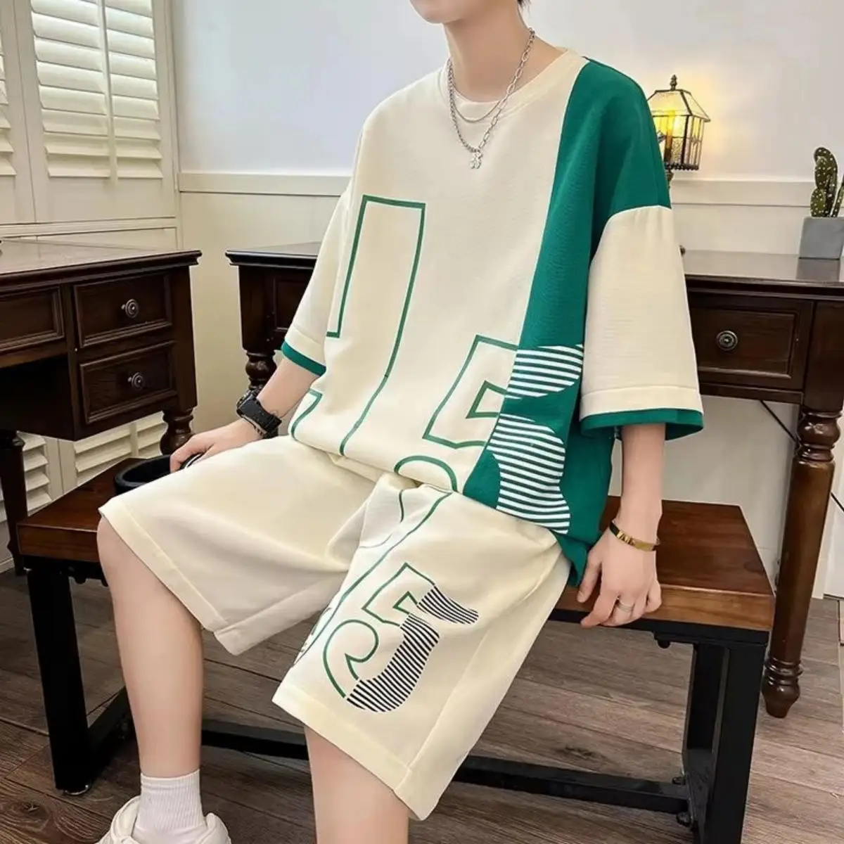 American men's summer fashion letter print comfortable breathable round neck T-shirt drawstring shorts set outdoor casual wear thumbnail 4
