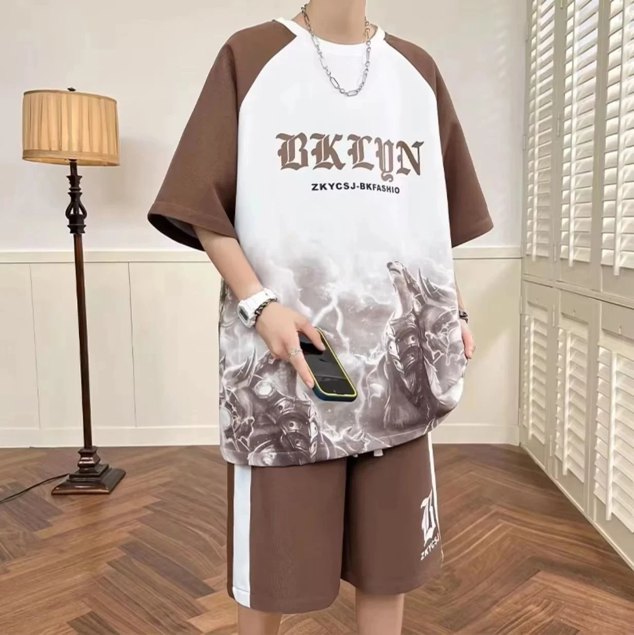 American men's summer fashion letter print comfortable breathable round neck T-shirt drawstring shorts set outdoor casual wear thumbnail 3