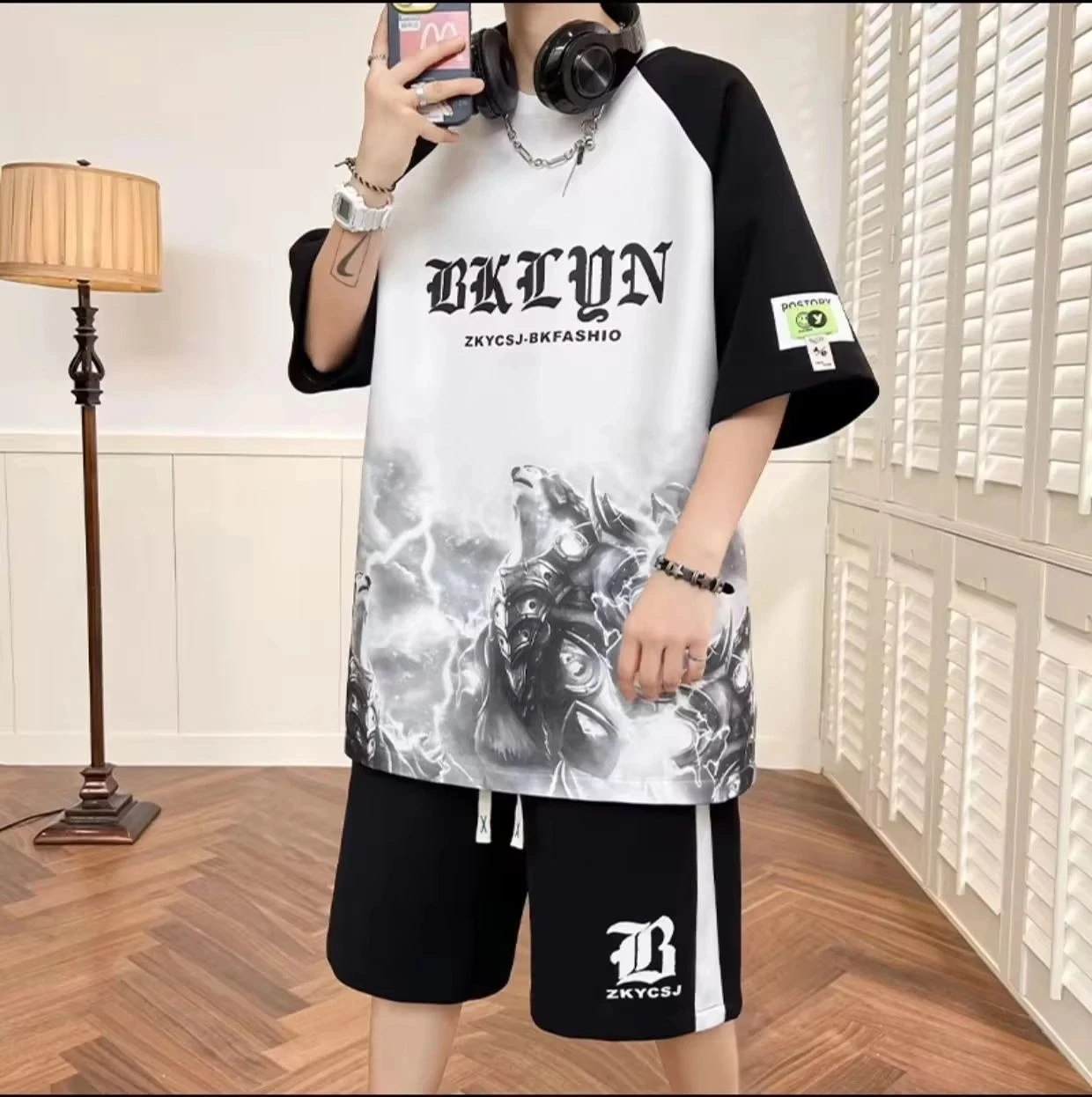 American men's summer fashion letter print comfortable breathable round neck T-shirt drawstring shorts set outdoor casual wear thumbnail 2