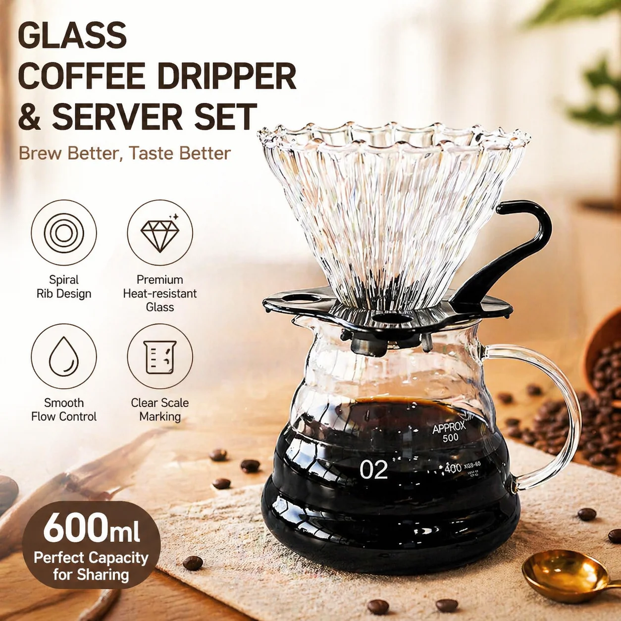Premium Borosilicate Glass Pour Over Coffee Set - V60 Dripper & 600ml Server, Heat Resistant for Home & Office Brewing