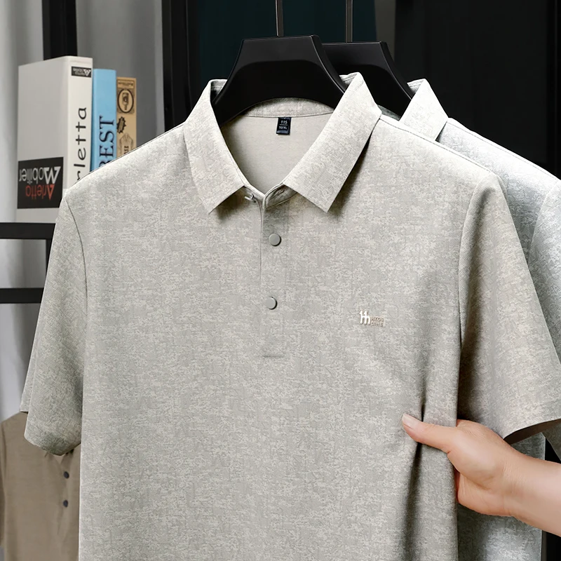 Summer Seamless Ice Silk Short-sleeve T-shirt with Collar, Thin Casual Half-sleeve Stretch T-shirt, Printed Top Polo Shirt thumbnail 2