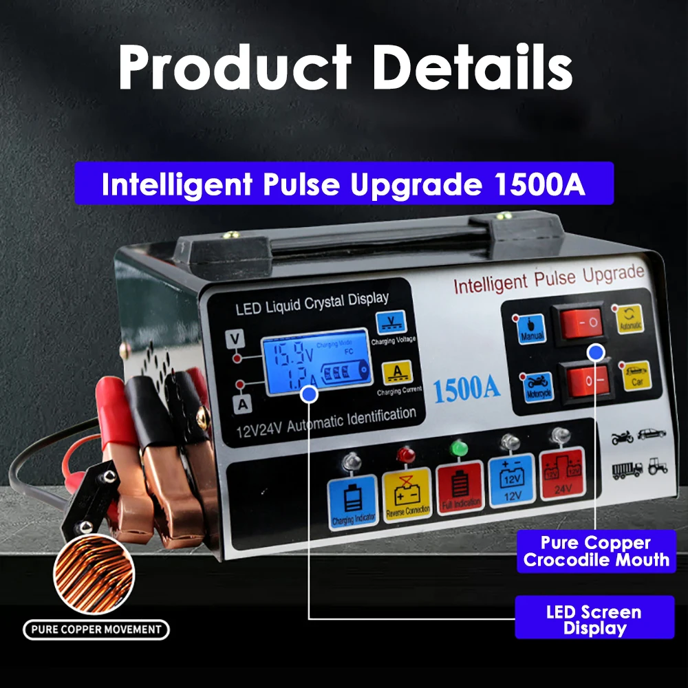 Charger Car & Motorcycle Battery Charging Unit Pulse Intelligent Repair LCD Display Multiple Safety 220W Intelligent Car Battery thumbnail 3