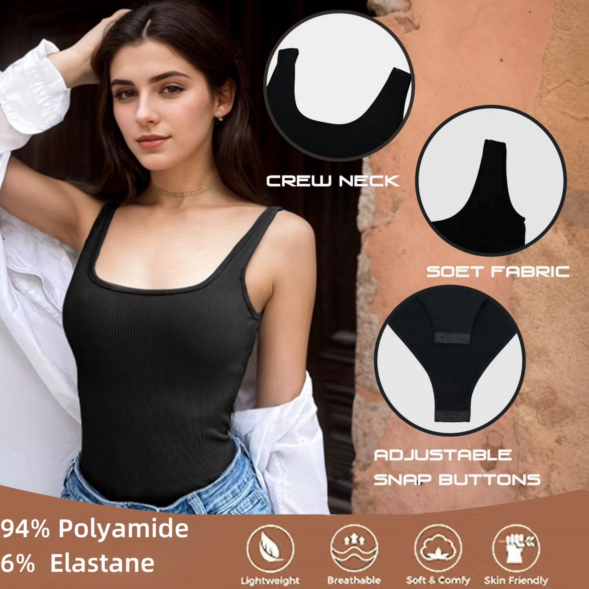 Summer Tank Top Bodysuit for Women Sexy Sleeveless Black Backless Tops, Square Neck thumbnail 6