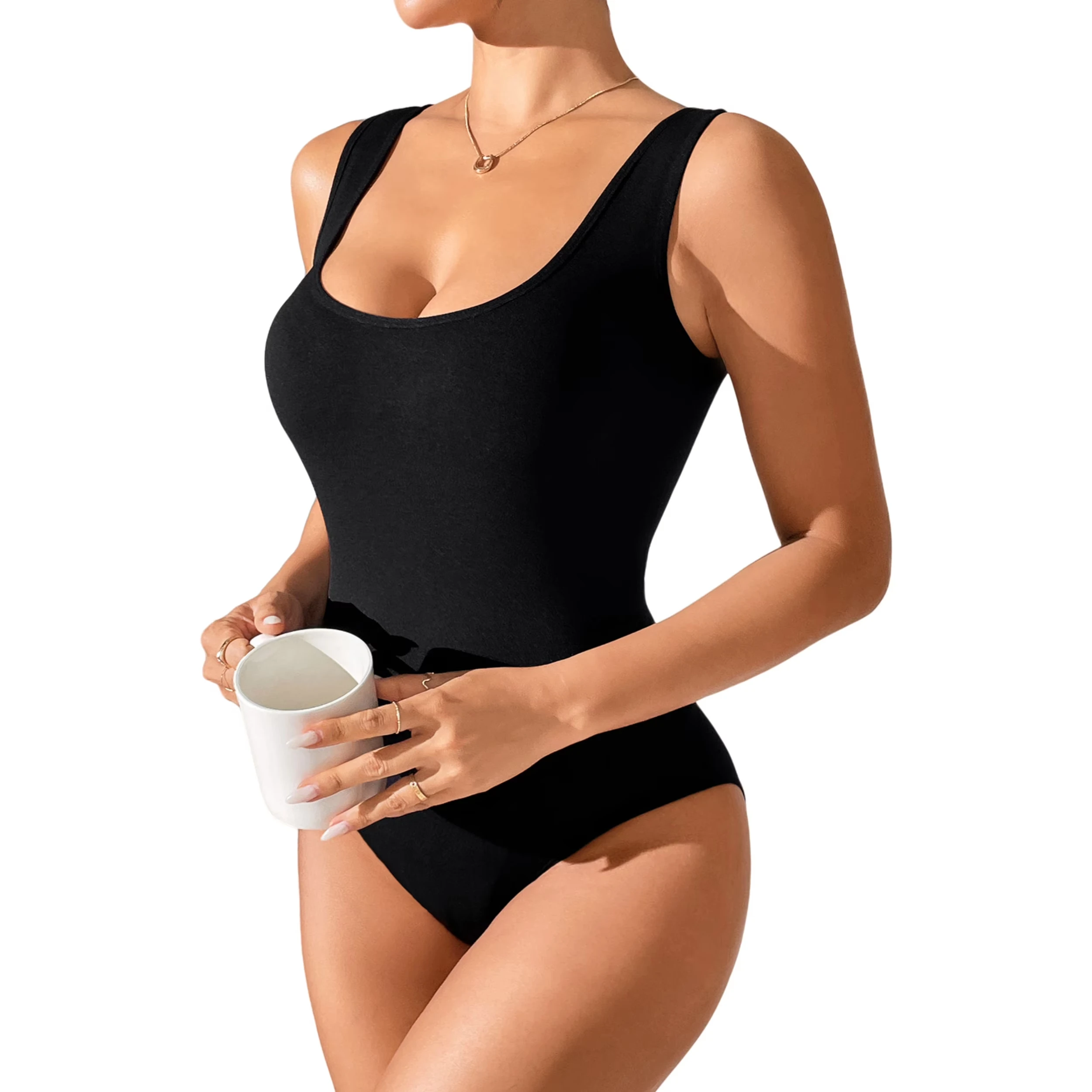 Summer Tank Top Bodysuit for Women Sexy Sleeveless Black Backless Tops, Square Neck thumbnail 3