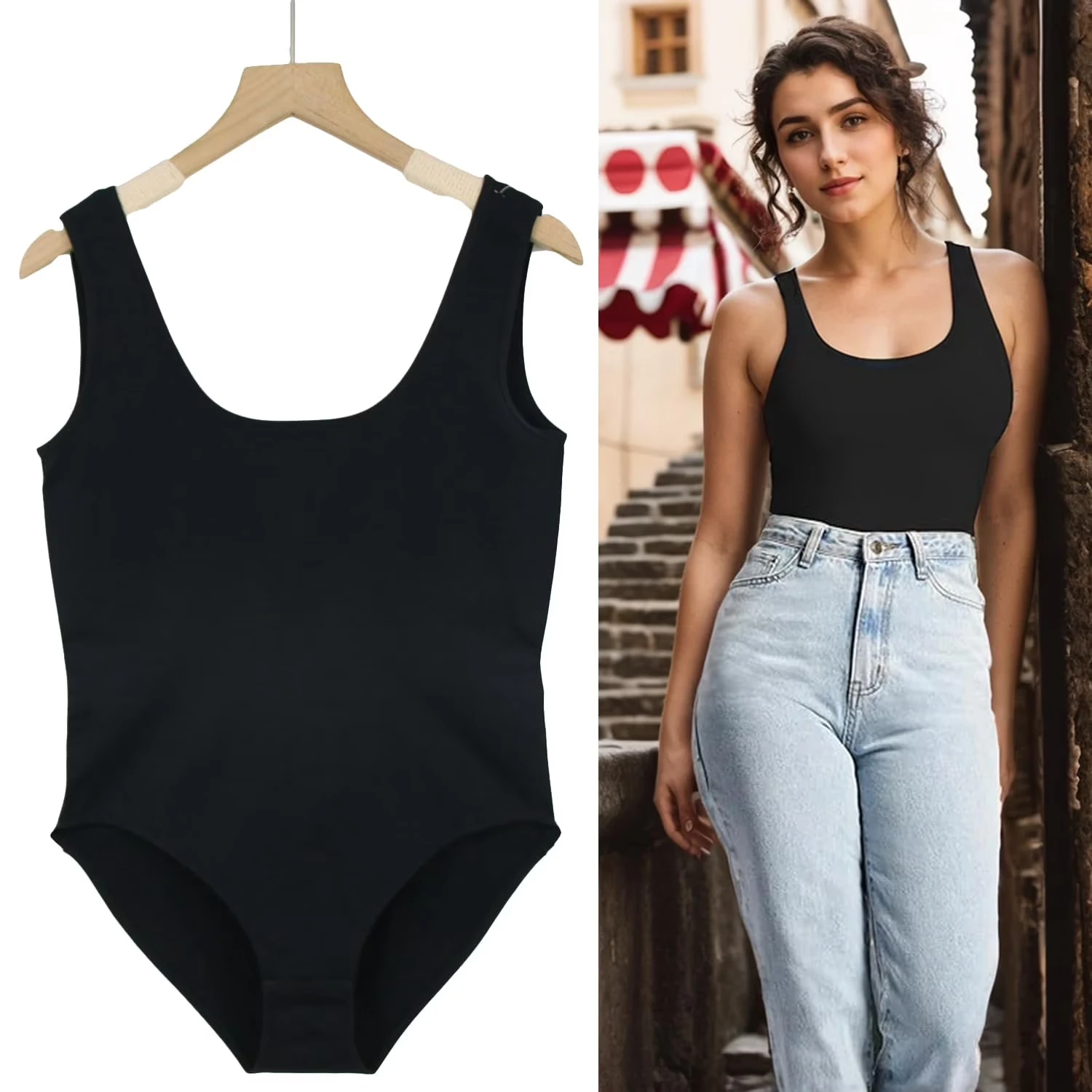 Summer Tank Top Bodysuit for Women Sexy Sleeveless Black Backless Tops, Square Neck thumbnail 5