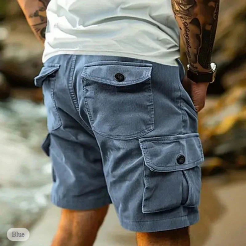Men's Workwear Shorts Summer Casual Corduroy Loose Elastic Waist Multi-Pocket Leisure Pants Embroidery Retro Style Male Trousers thumbnail 3
