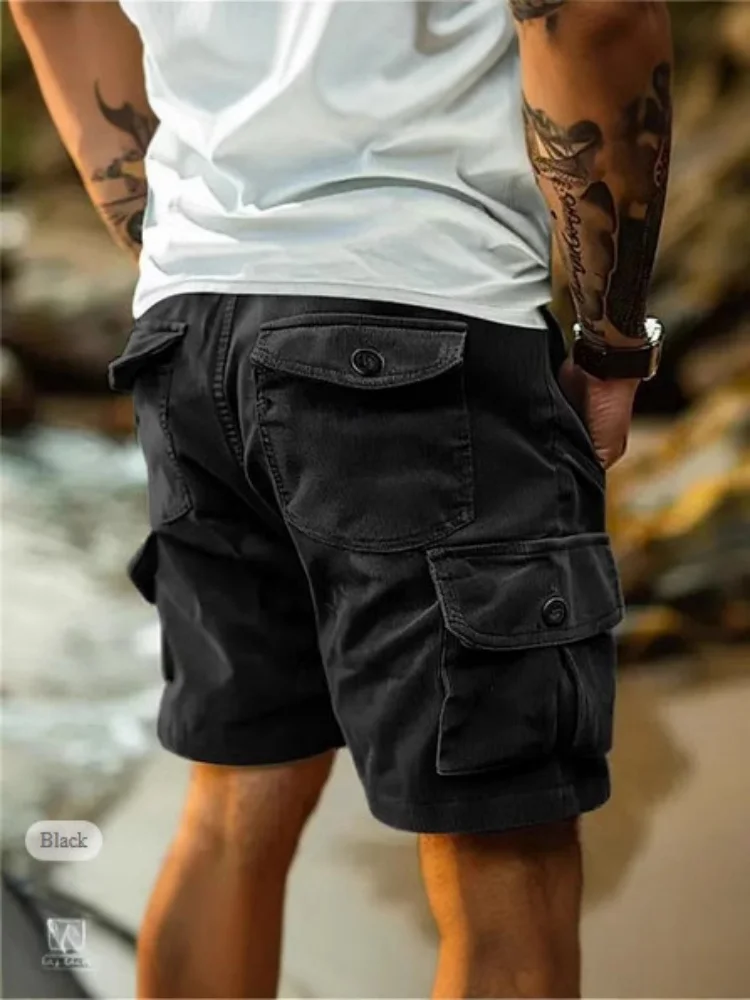 Men's Workwear Shorts Summer Casual Corduroy Loose Elastic Waist Multi-Pocket Leisure Pants Embroidery Retro Style Male Trousers thumbnail 2