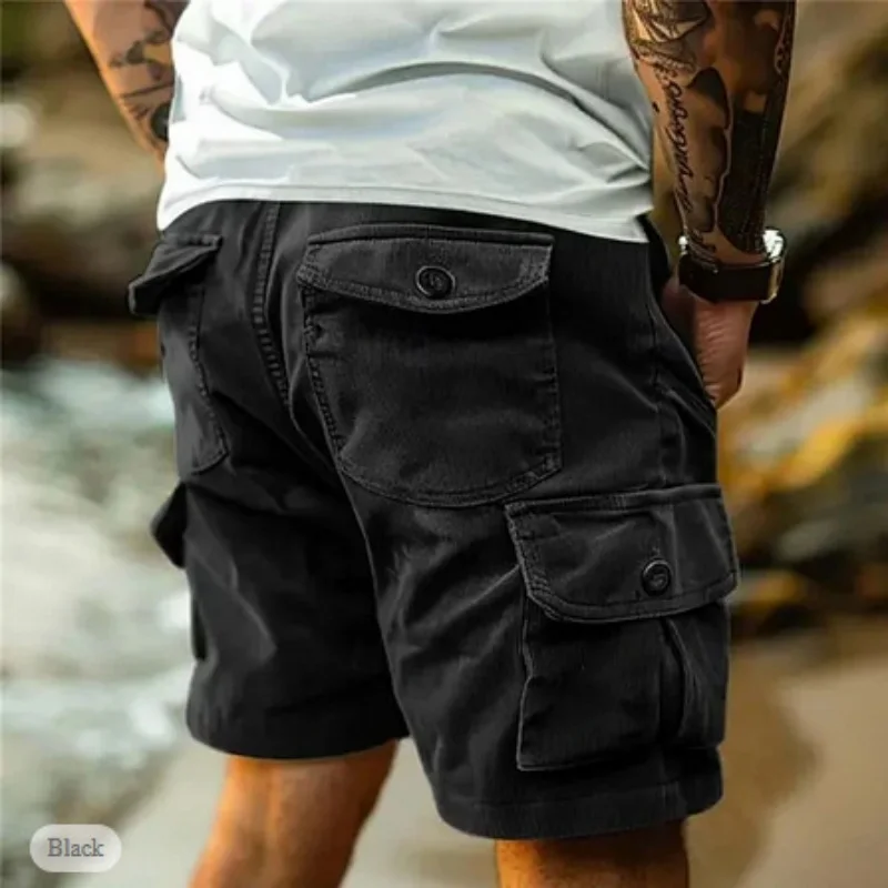 Men's Workwear Shorts Summer Casual Corduroy Loose Elastic Waist Multi-Pocket Leisure Pants Embroidery Retro Style Male Trousers thumbnail 6