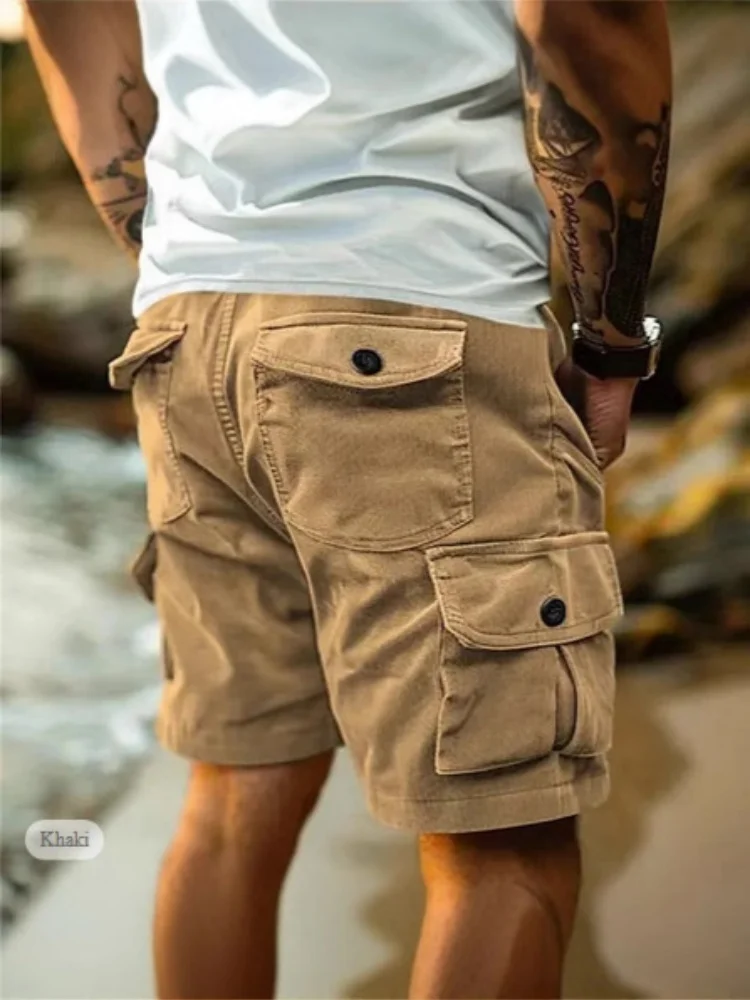 Men's Workwear Shorts Summer Casual Corduroy Loose Elastic Waist Multi-Pocket Leisure Pants Embroidery Retro Style Male Trousers thumbnail 5
