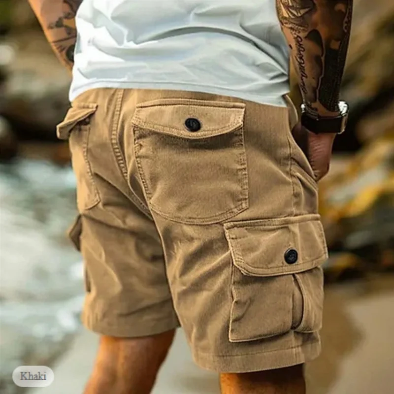 Men's Workwear Shorts Summer Casual Corduroy Loose Elastic Waist Multi-Pocket Leisure Pants Embroidery Retro Style Male Trousers thumbnail 4