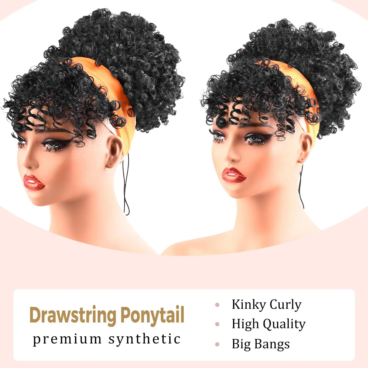 Drawstring Ponytail for Black Women, Afro Puff Kinky Curly Synthetic Hair Ponytail with Bangs Updo Natural Hair Ponytail thumbnail 3