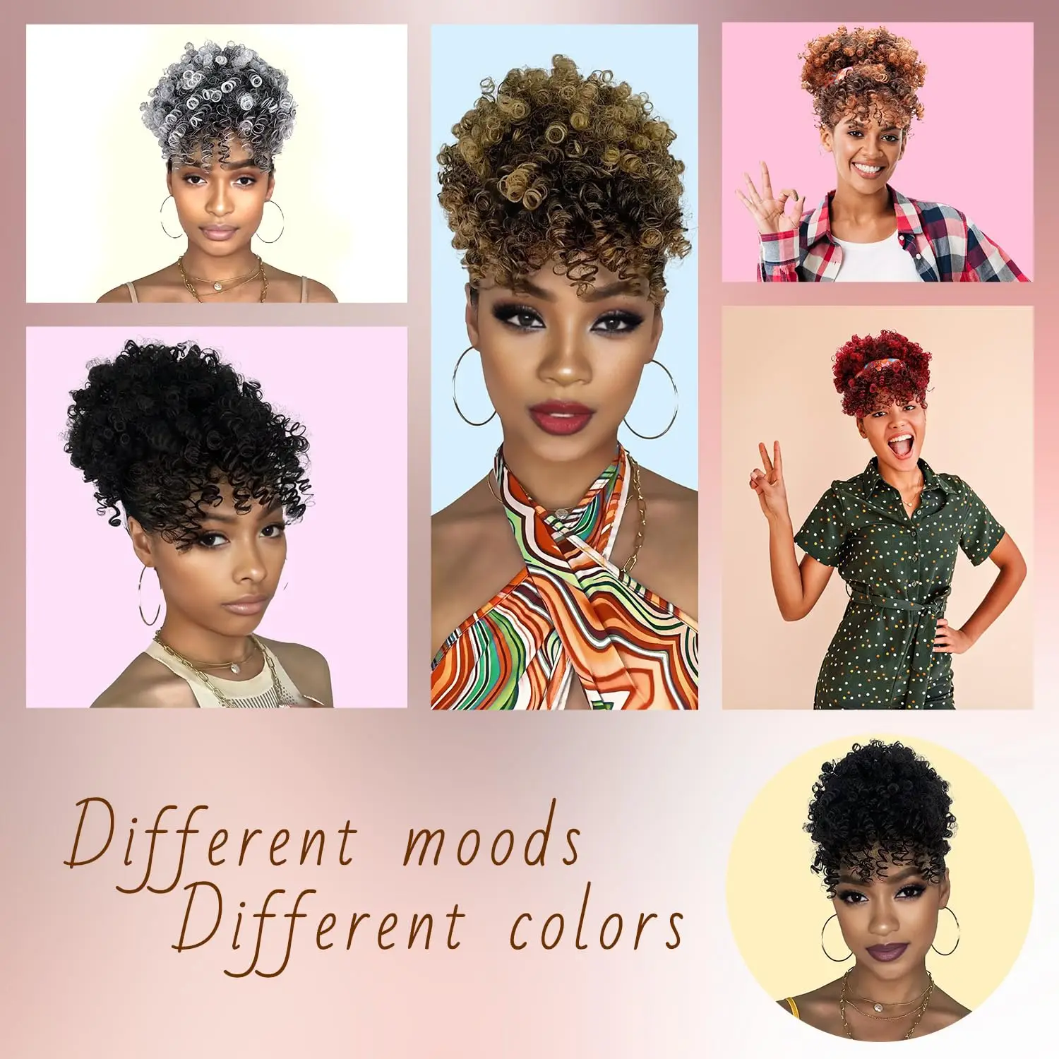 Drawstring Ponytail for Black Women, Afro Puff Kinky Curly Synthetic Hair Ponytail with Bangs Updo Natural Hair Ponytail thumbnail 6