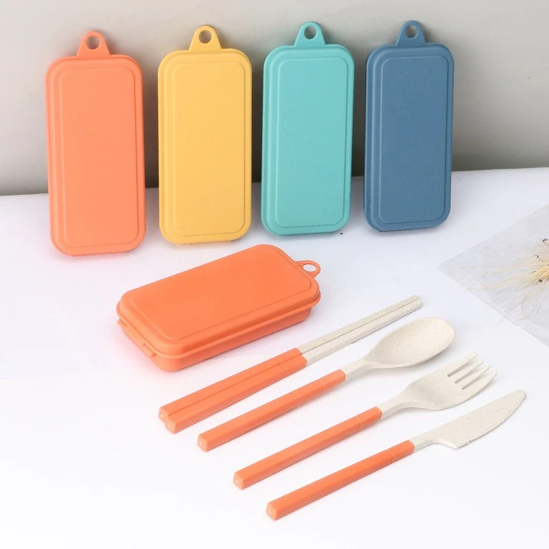 4Pcs Plastic Cutlery Portable Wheat Straw Dinnerware Fork Spoon Detachable Lunch Box Cutlery Set Travel Tableware DCS004