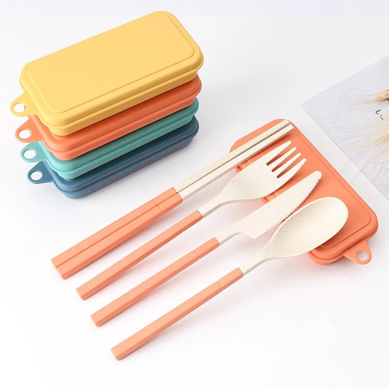 4Pcs Plastic Cutlery Portable Wheat Straw Dinnerware Fork Spoon Detachable Lunch Box Cutlery Set Travel Tableware DCS004 thumbnail 2