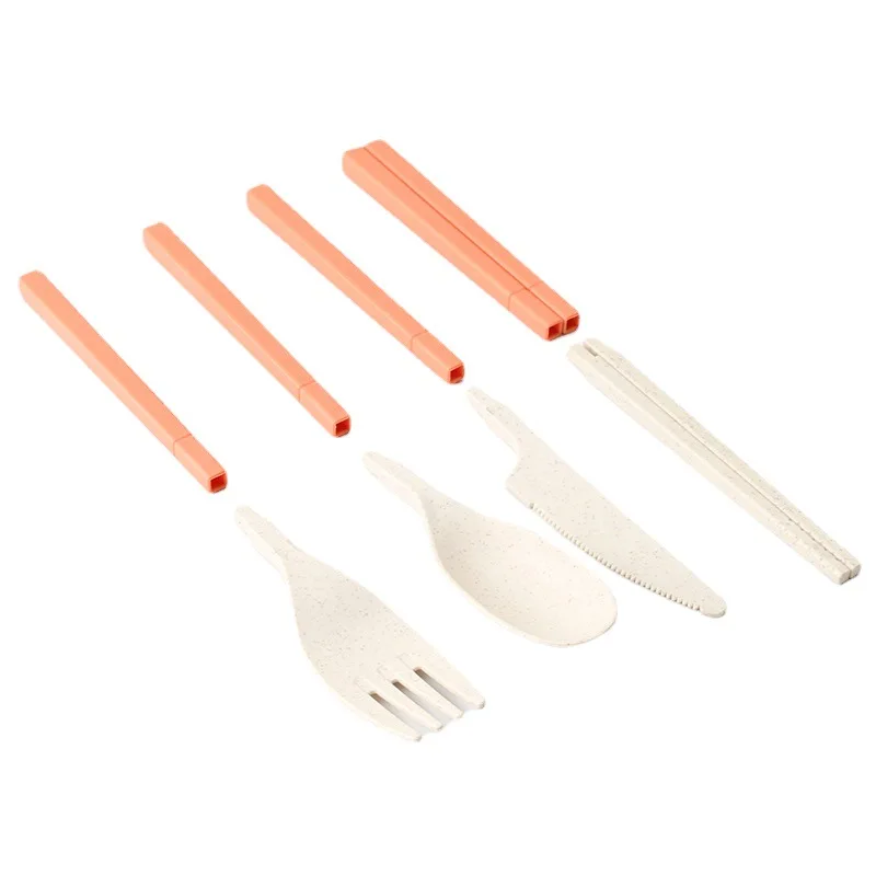 4Pcs Plastic Cutlery Portable Wheat Straw Dinnerware Fork Spoon Detachable Lunch Box Cutlery Set Travel Tableware DCS004 thumbnail 4