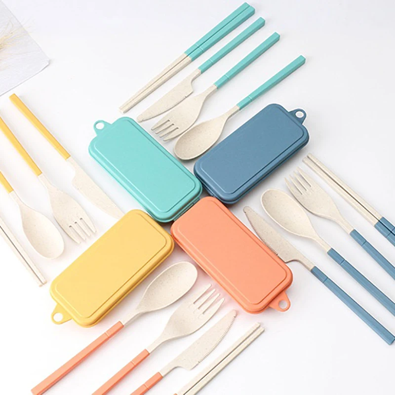 4Pcs Plastic Cutlery Portable Wheat Straw Dinnerware Fork Spoon Detachable Lunch Box Cutlery Set Travel Tableware DCS004 thumbnail 5