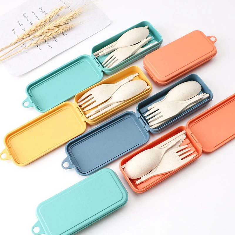 4Pcs Plastic Cutlery Portable Wheat Straw Dinnerware Fork Spoon Detachable Lunch Box Cutlery Set Travel Tableware DCS004 thumbnail 3