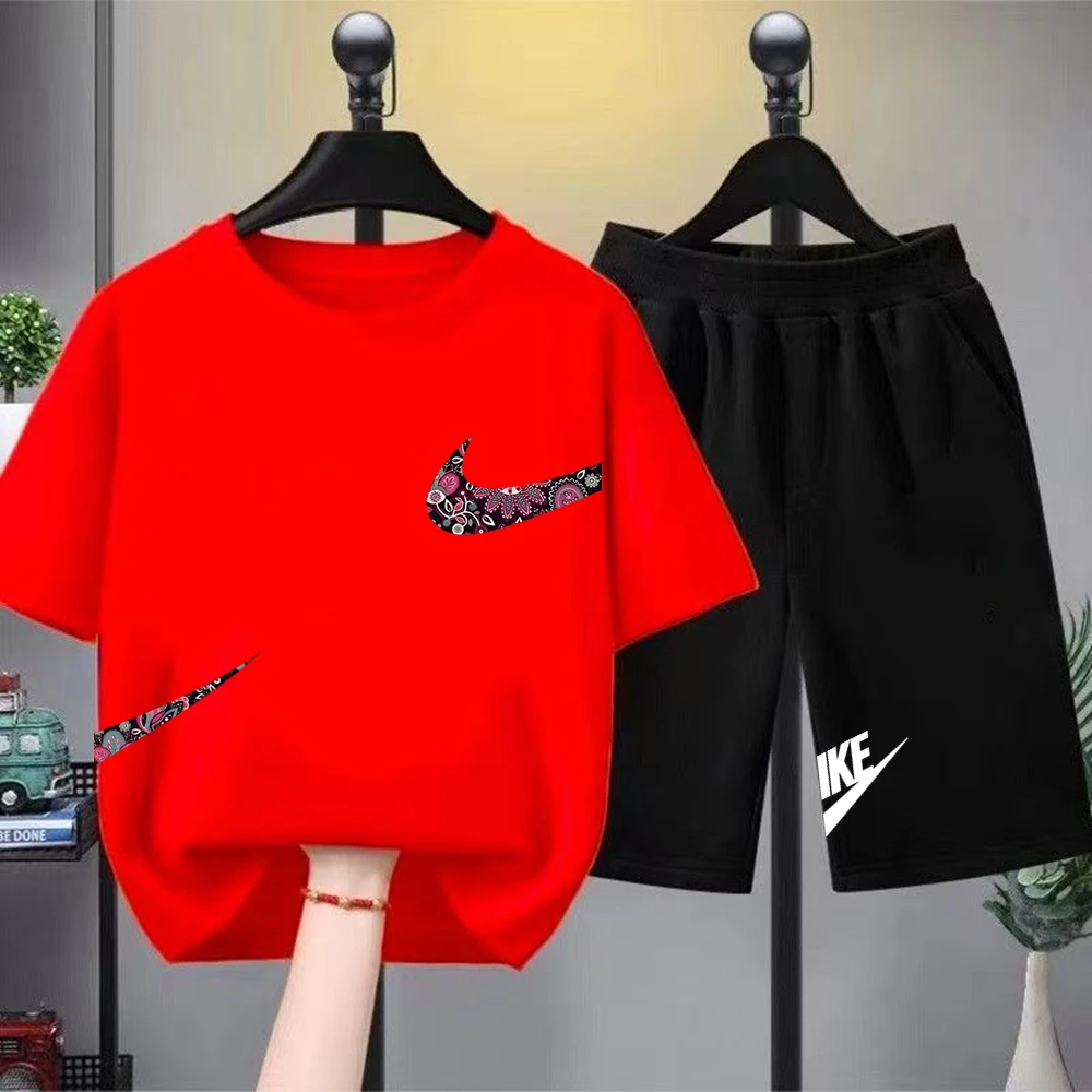 Print black white Short Sleeve Children's T-shirt Set Sports Fashion Boys Girls tops+Shorts Casual Kid new Summer Set
