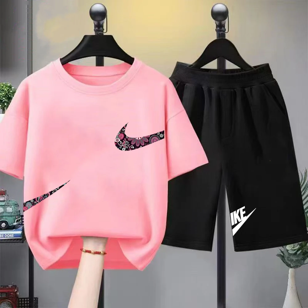 Print black white Short Sleeve Children's T-shirt Set Sports Fashion Boys Girls tops+Shorts Casual Kid new Summer Set thumbnail 2