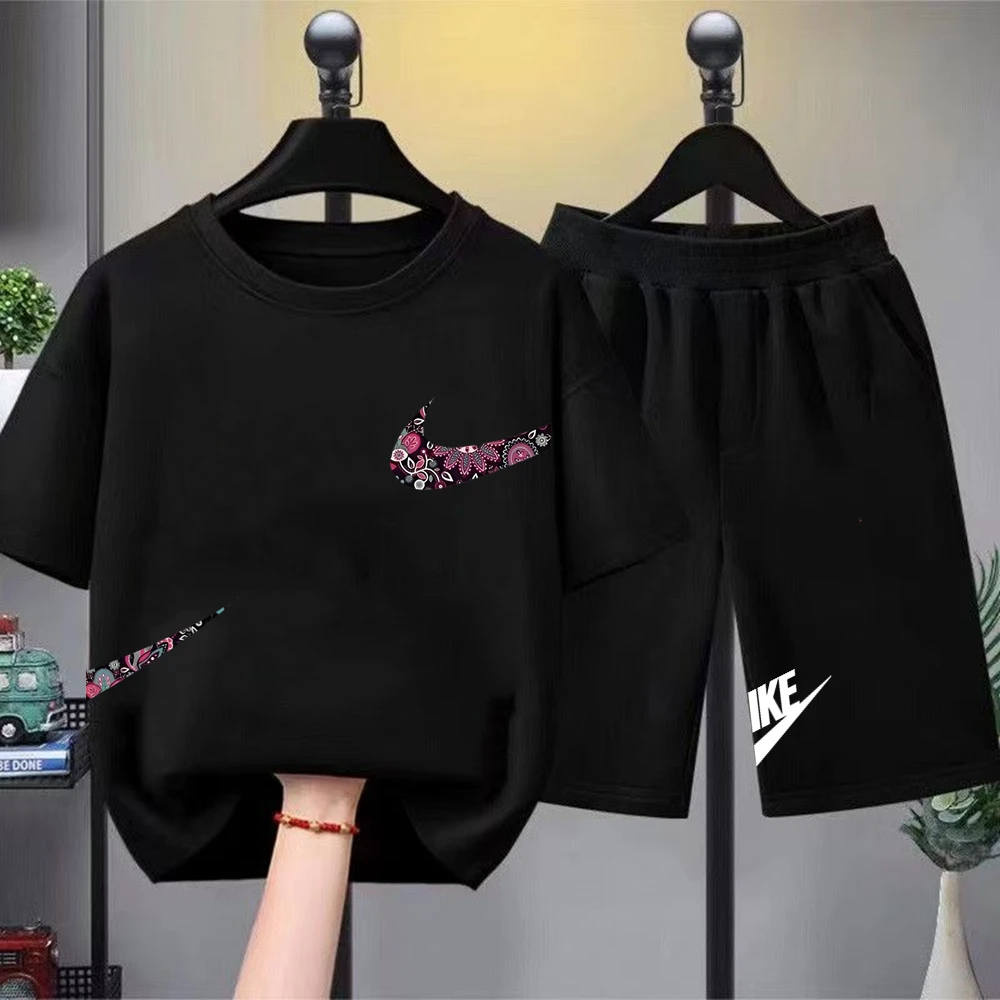 Print black white Short Sleeve Children's T-shirt Set Sports Fashion Boys Girls tops+Shorts Casual Kid new Summer Set thumbnail 6
