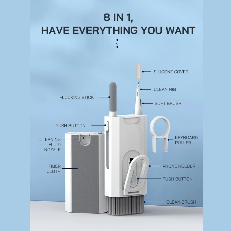 8-In-1 Cleaner Kit Computer Keyboard Brush Earphones Cleaning Pen Screen Cleaning Spray Bottle Cleaning Tools Set Keycap Puller thumbnail 4