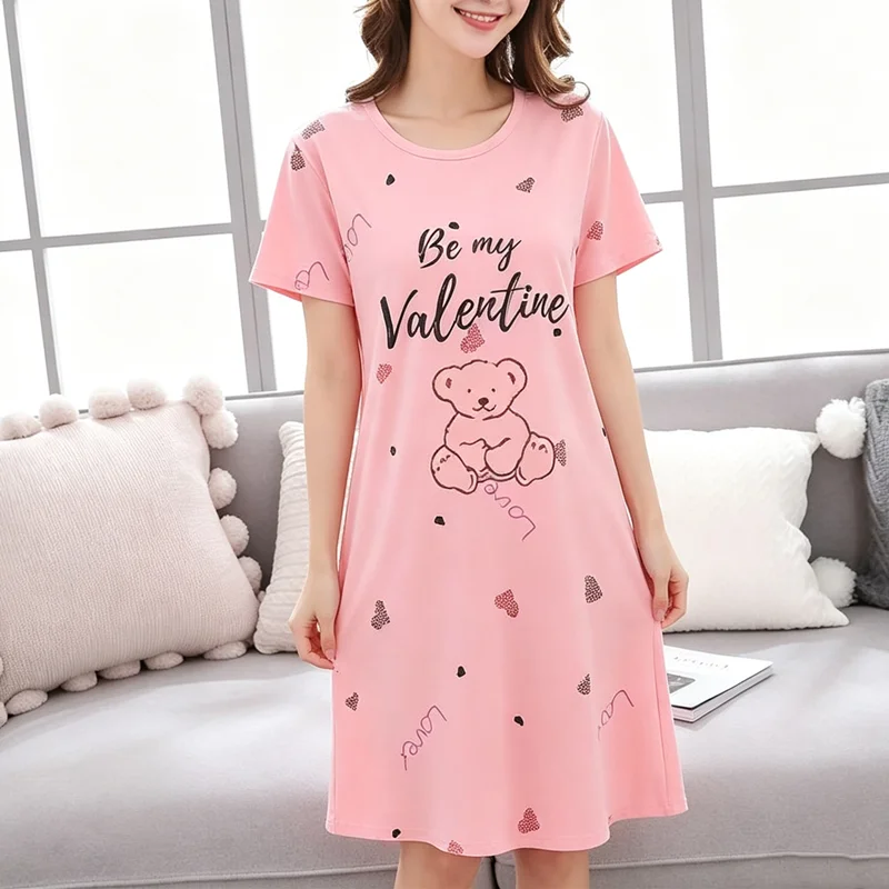 Women Large Size Pajamas Short-Sleeved Nightgown Cartoon Bear Long Student Robe Rabbitlong Skirt Loungewear Girl Dress