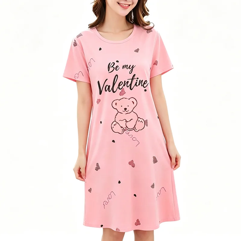 Women Large Size Pajamas Short-Sleeved Nightgown Cartoon Bear Long Student Robe Rabbitlong Skirt Loungewear Girl Dress thumbnail 5