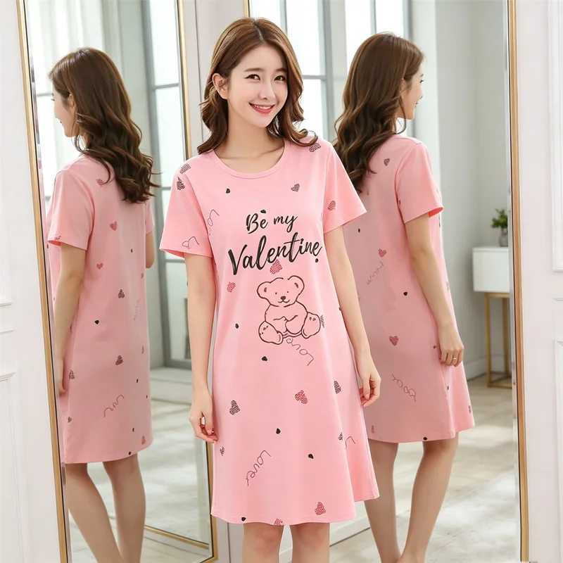 Women Large Size Pajamas Short-Sleeved Nightgown Cartoon Bear Long Student Robe Rabbitlong Skirt Loungewear Girl Dress thumbnail 3