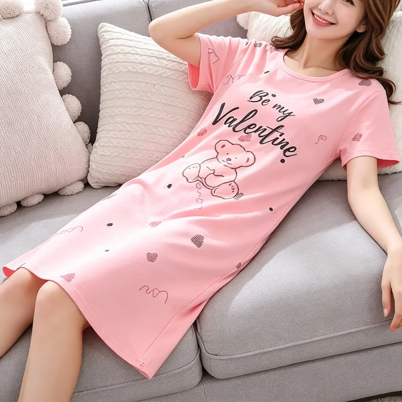 Women Large Size Pajamas Short-Sleeved Nightgown Cartoon Bear Long Student Robe Rabbitlong Skirt Loungewear Girl Dress thumbnail 2